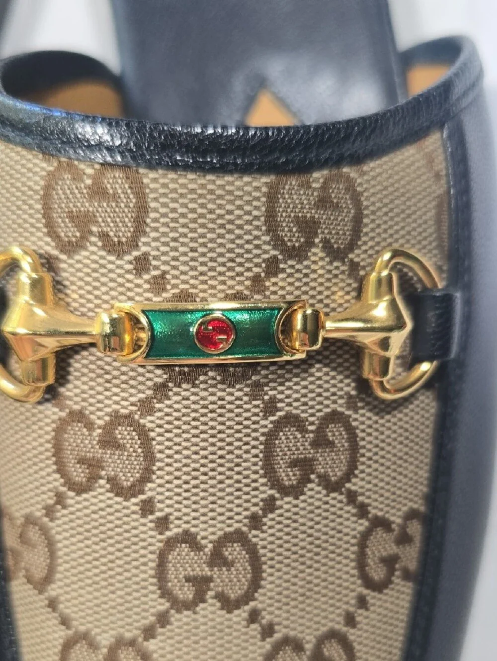 Gucci Brown & Black GG Canvas Slip-On Mules with Gold Horsebit